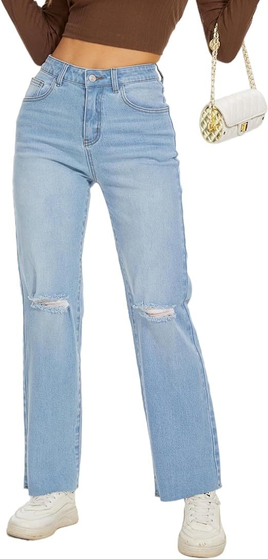 Women Straight Ankle Jeans Casual Loose High Waist Solid Denim Pants | Amazon (US)
