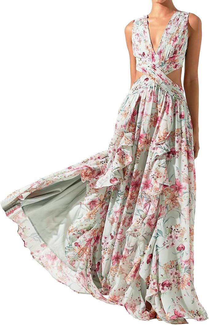 Women Floral Dress Off Shoulder Dress Maxi Dress Backless Dress for Women Slit Dress Cocktail Dre... | Amazon (US)