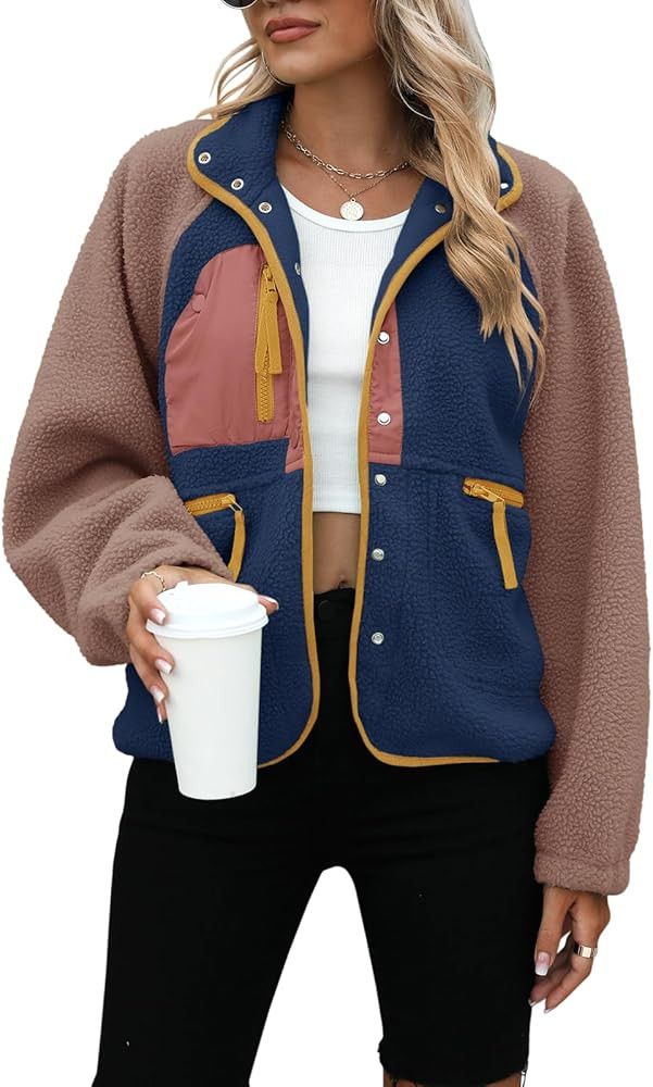Yanekop Womens Fleece Jacket Fuzzy Long Sleeve Short Winter Coats Button Down Sherpa Jacket Outer... | Amazon (US)