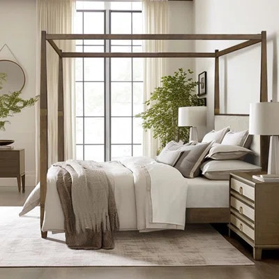Queen Canopy Bed With Solid Wood Frame In Brown Finish - Upholstered Headboard And 5 Slat Foundation For Size Included | Wayfair North America