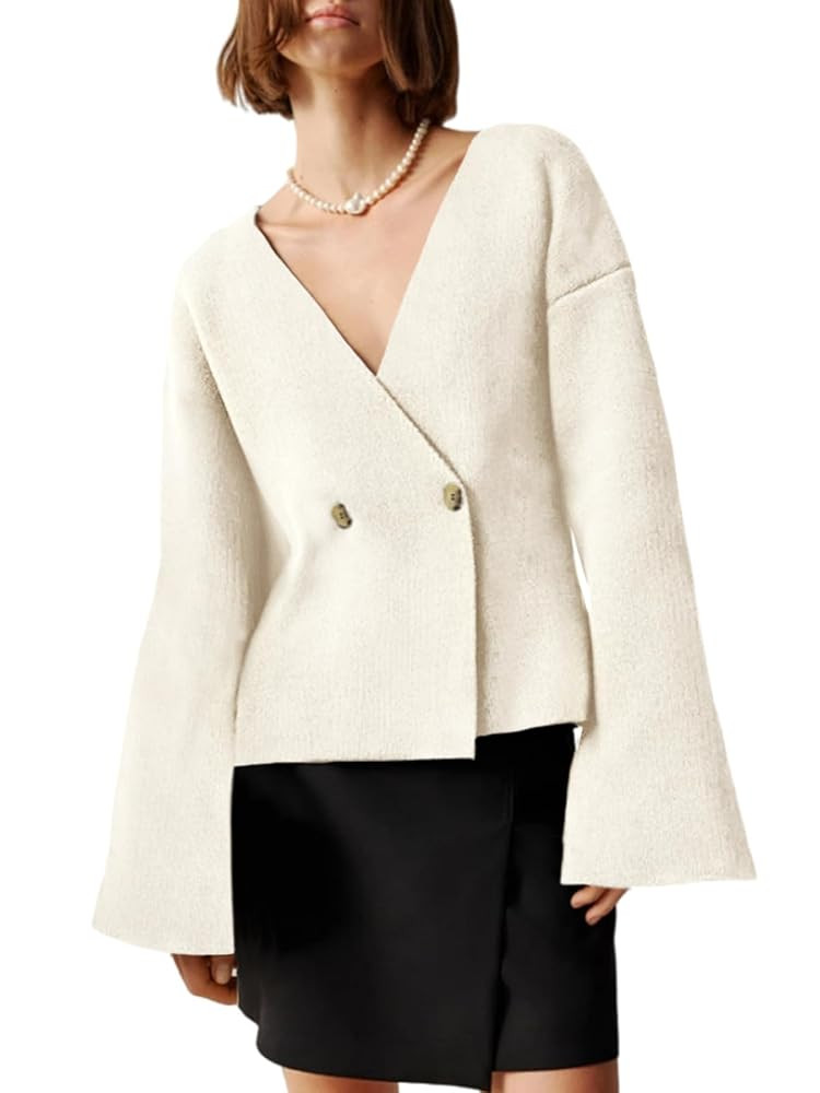 Saodimallsu Womens V Neck Cardigans Long Bell Sleeve Button Down Open Front Loose Knit Fall Sweat... | Amazon (US)
