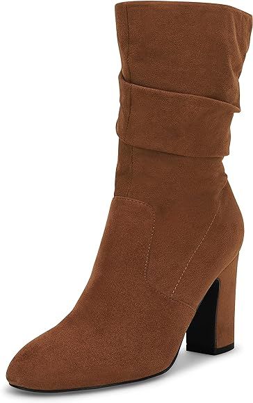 Women's Mid Calf Slouchy Boots Suede High Heel Zip Stacked Chunky Block Round Toe Booties | Amazon (US)
