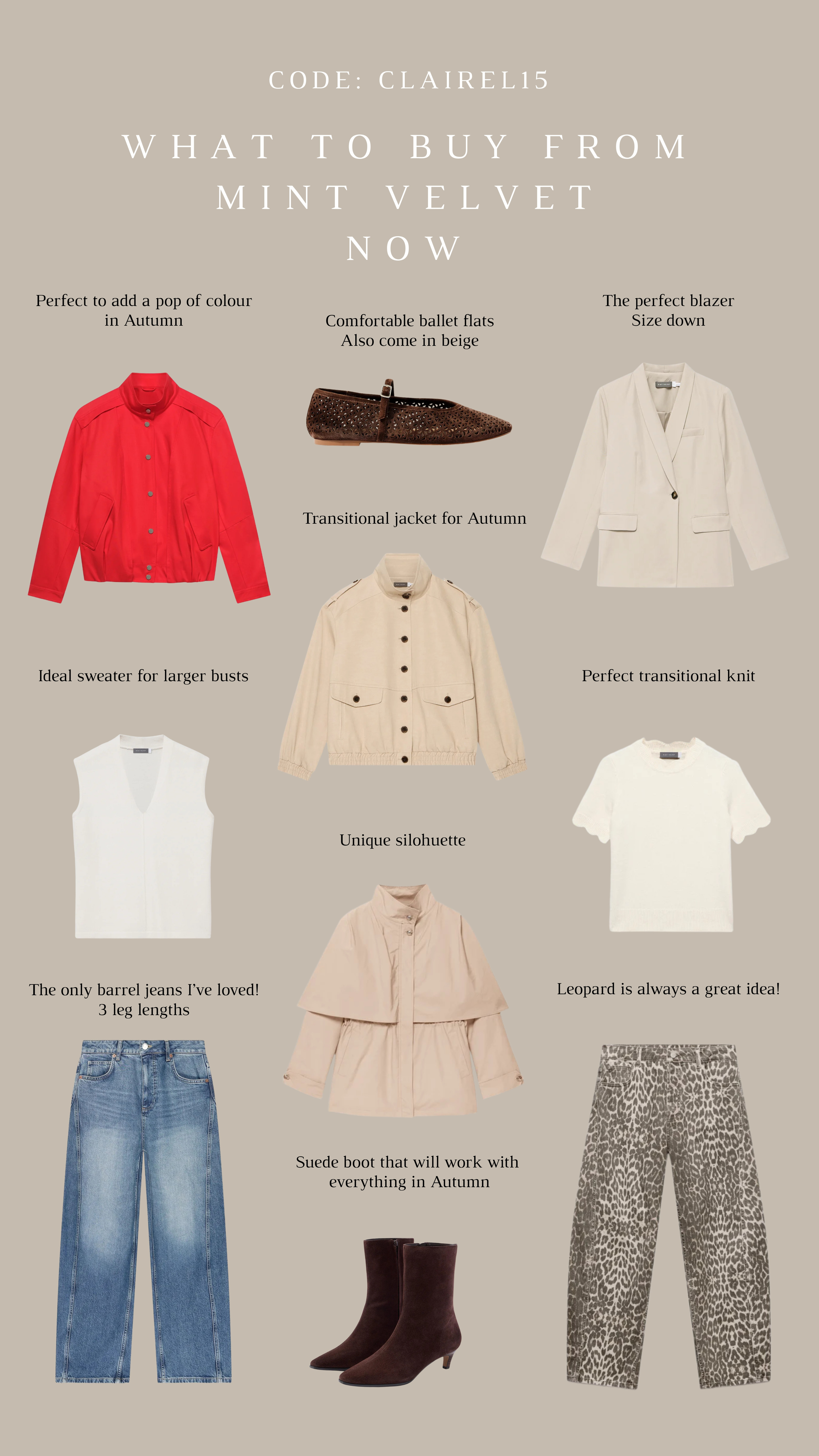 What I'd buy from Mint Velvet now 🍂

Use code: CLAIREL15 for 15% off full price until Friday

high neck jacket, autumn jacket, transitional jacket, blazer, workwear, knit t shirt, barrel jeans 

 #LTKuk #LTKsummer #LTKautumn