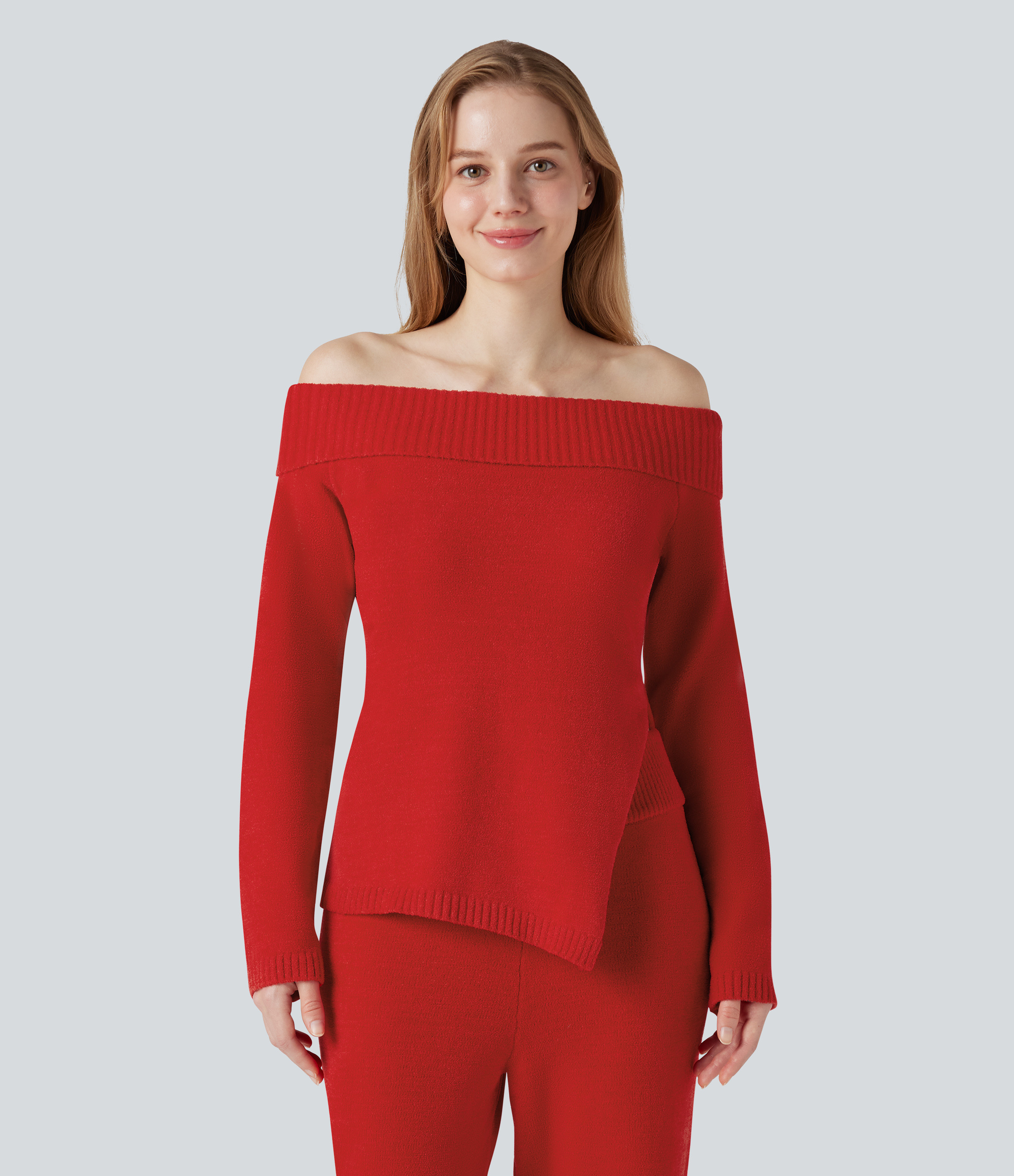 Halara Off-shoulder Long Sleeve Split Hem Lounge Top - Aura Orange - XS | HALARA