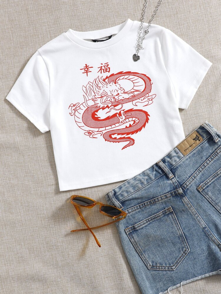 Chinese Character And Dragon Print Tee | SHEIN