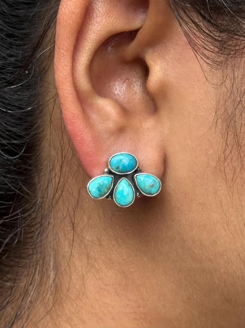 Genuine Turquoise Studs - 925 Sterling Silver Studs - Oval And Pear Shaped Turquoise Studs - Turq... | Etsy (Global)