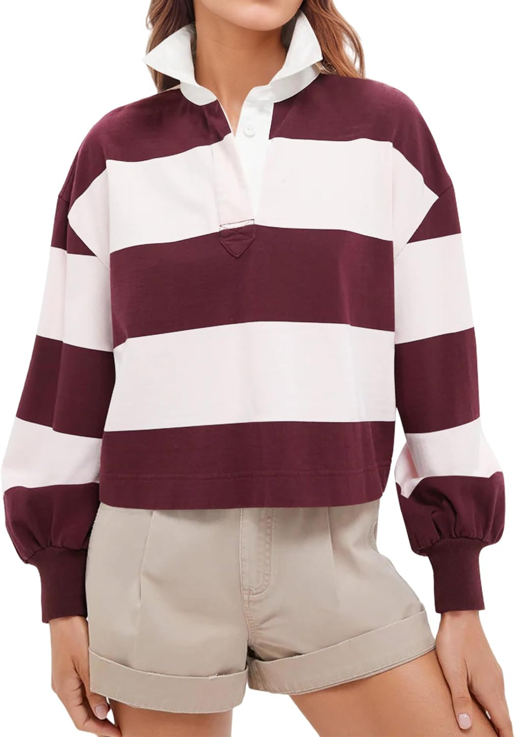 Womens Striped Color Block Polo Sweatshirt Y2k Long Sleeve Lapel Collar Rugby Shirt Button V Neck Pullover Crop Tops | Amazon (US)