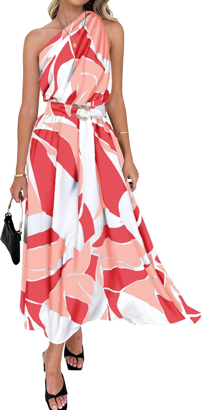 BTFBM Women's Sleeveless One Shoulder Dress Resort Outfits Casual Summer Maxi Sundress Print Belt... | Amazon (US)