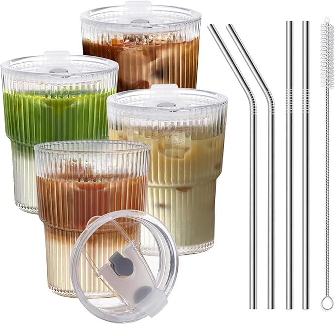 13 OZ Glass Cups with Lids and Straws, Iced Coffee Cups with Lids, Clear Ribbed Glassware for Cof... | Amazon (US)