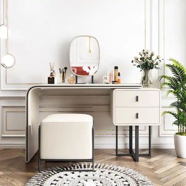 Modern Extendable Makeup Vanity Table with PU Leather, 2 Solid Wood Drawers, Side Cabinet, Mirror... | Bed Bath & Beyond