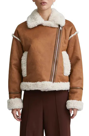 NVLT Cropped Faux Shearling Biker Jacket in Luggage at Nordstrom Rack, Size X-Large | Nordstrom Rack