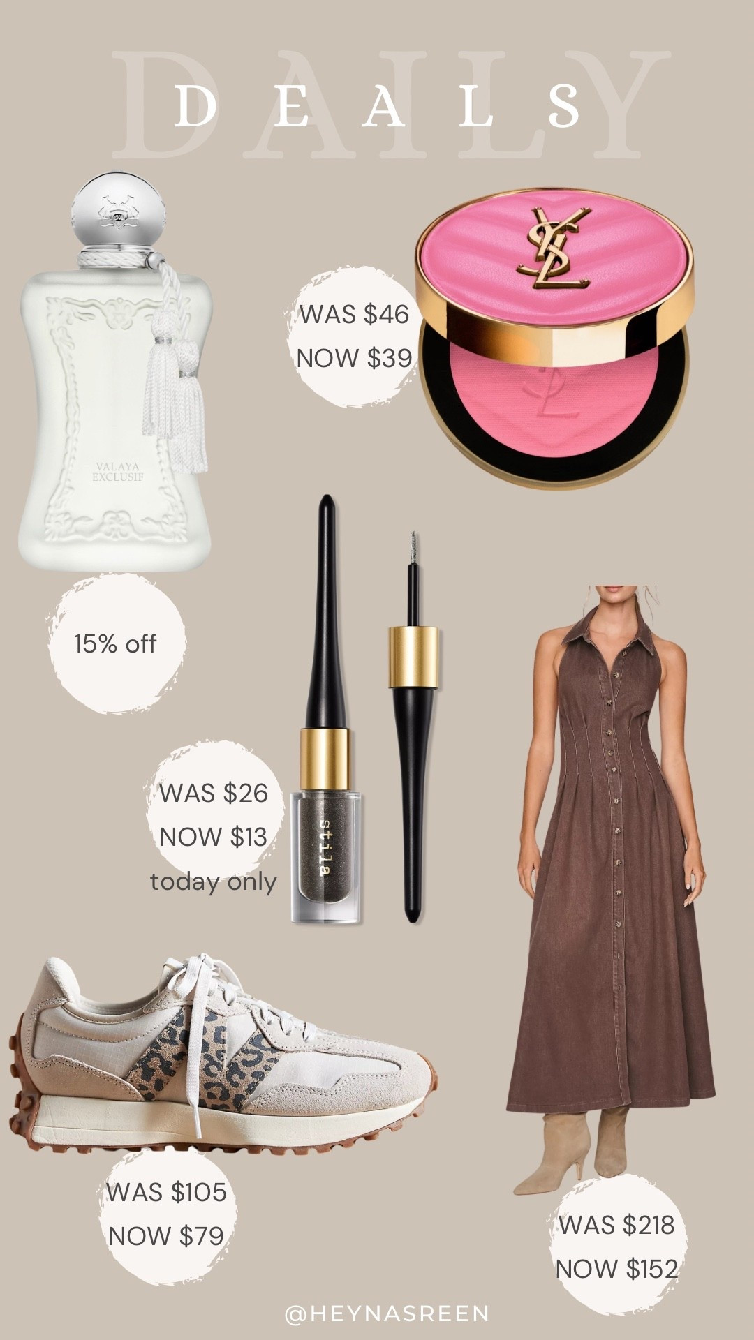 Daily deals on Parfums De Marley, YSL blush, Stila eyeliner, Anthropologie dress, New Balance sneakers