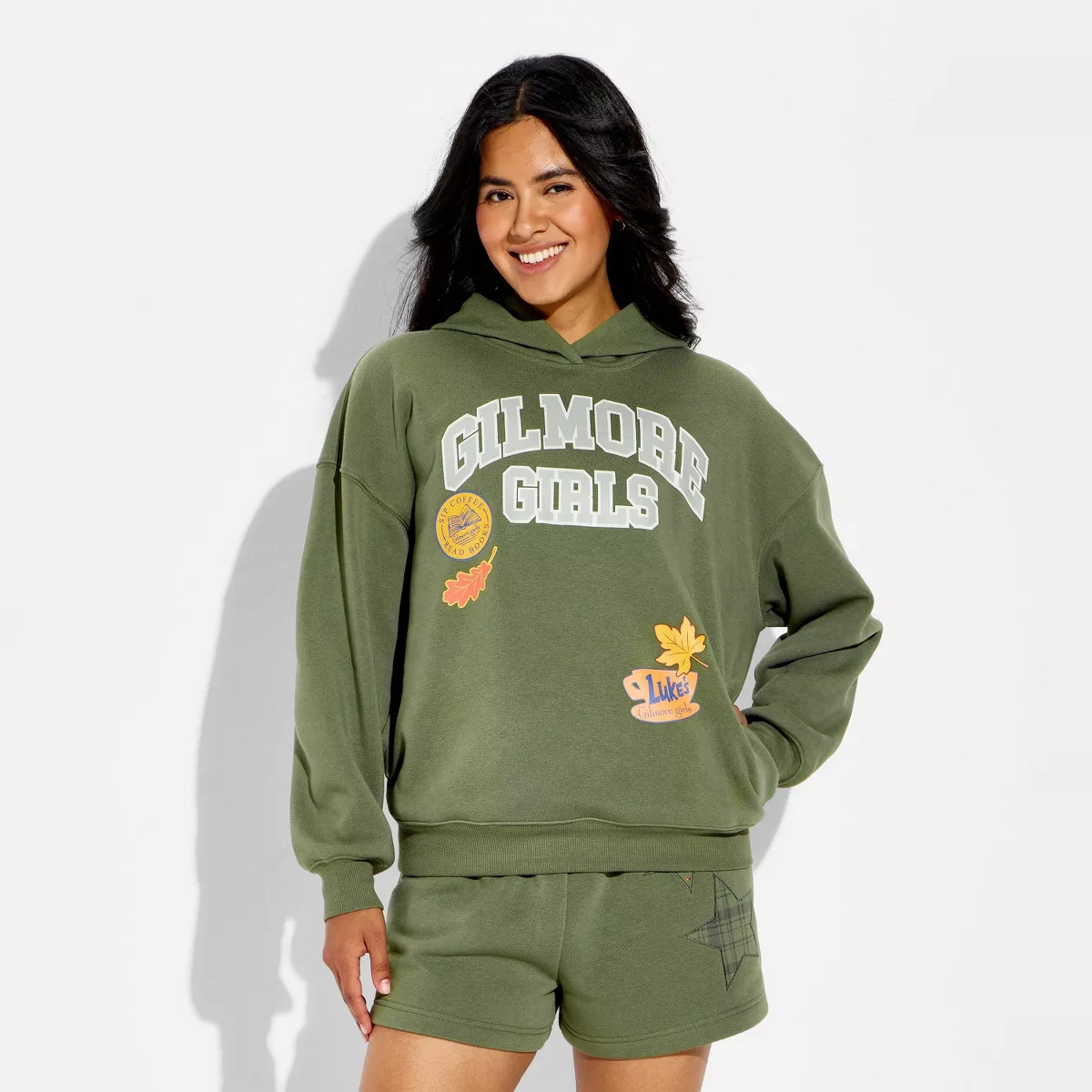 Women's Hooded Gilmore Girls Patch Graphic Pullover Sweatshirt - Olive Green L | Target