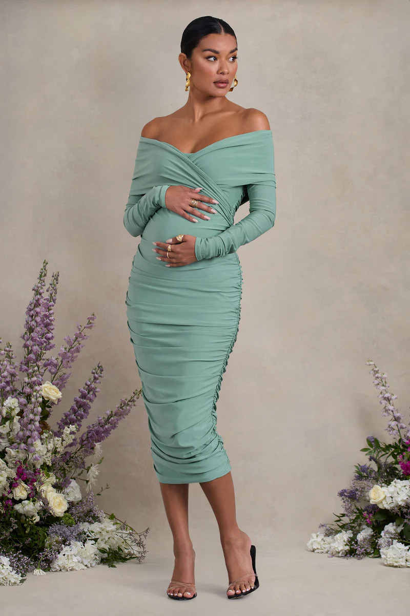 Davina  Sage Ruched Twist Bardot Long-Sleeve Maternity Midi Dress | Club L London