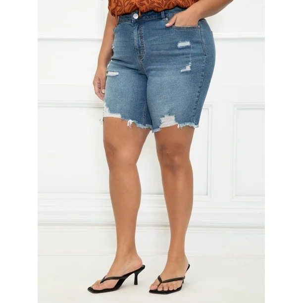 ELOQUII Elements Women's Plus Size Distressed Denim Bermuda Shorts | Walmart (US)