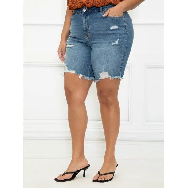 ELOQUII Elements Women's Plus Size Distressed Denim Bermuda Shorts | Walmart (US)