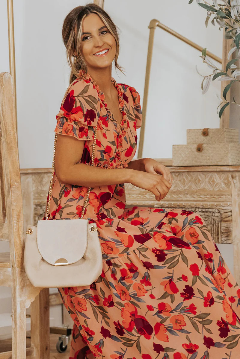 Floral Print Frilled V Neck Short Sleeve Maxi Dress | Jane Fashion INC.