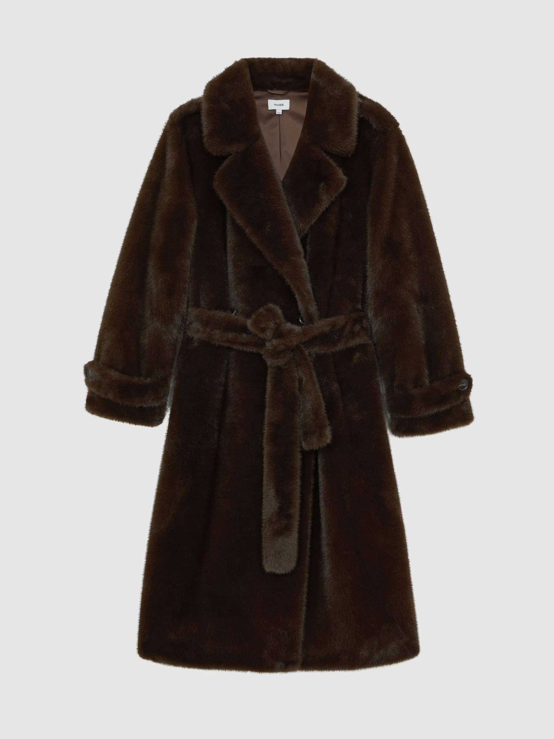 Reiss Reiss Chocolate Brown Cate Faux-Fur Long Belted Coat | Next US