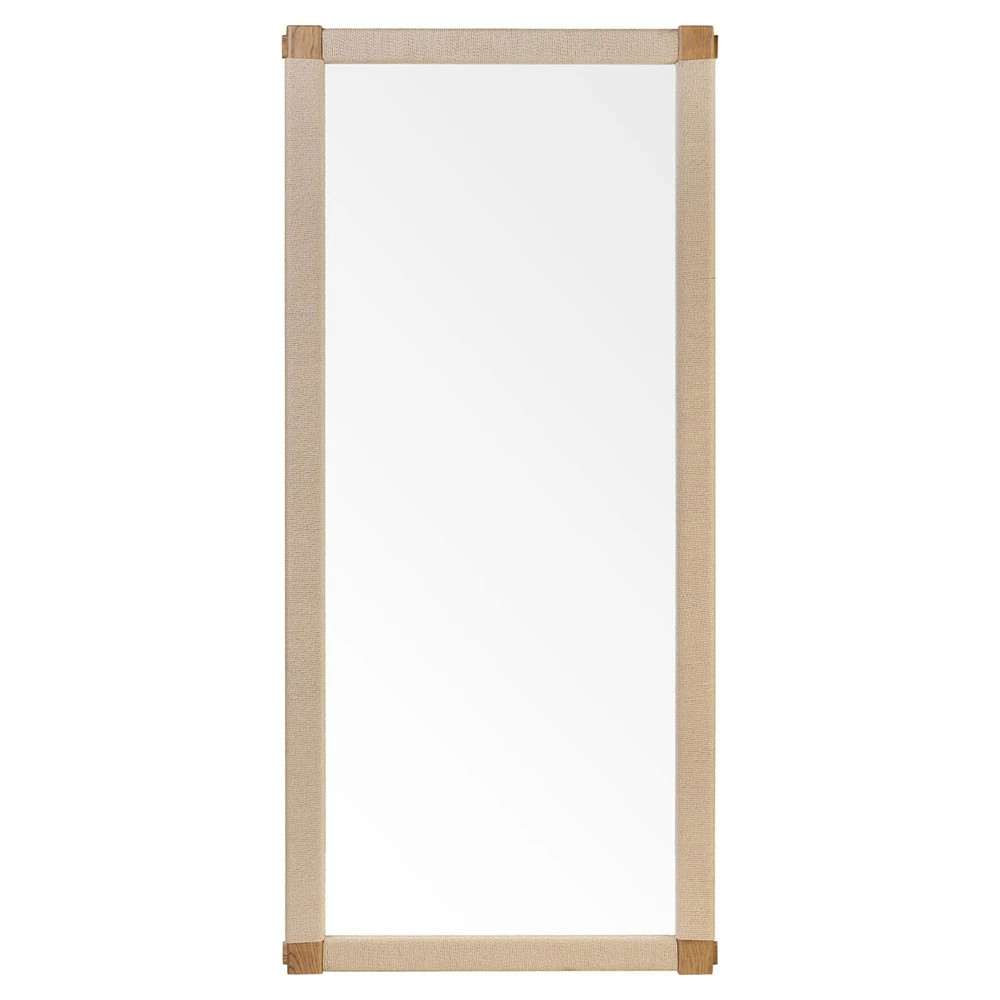 Janey Coastal Beach Natural Rush Brown Oak Floor Mirror | Kathy Kuo Home