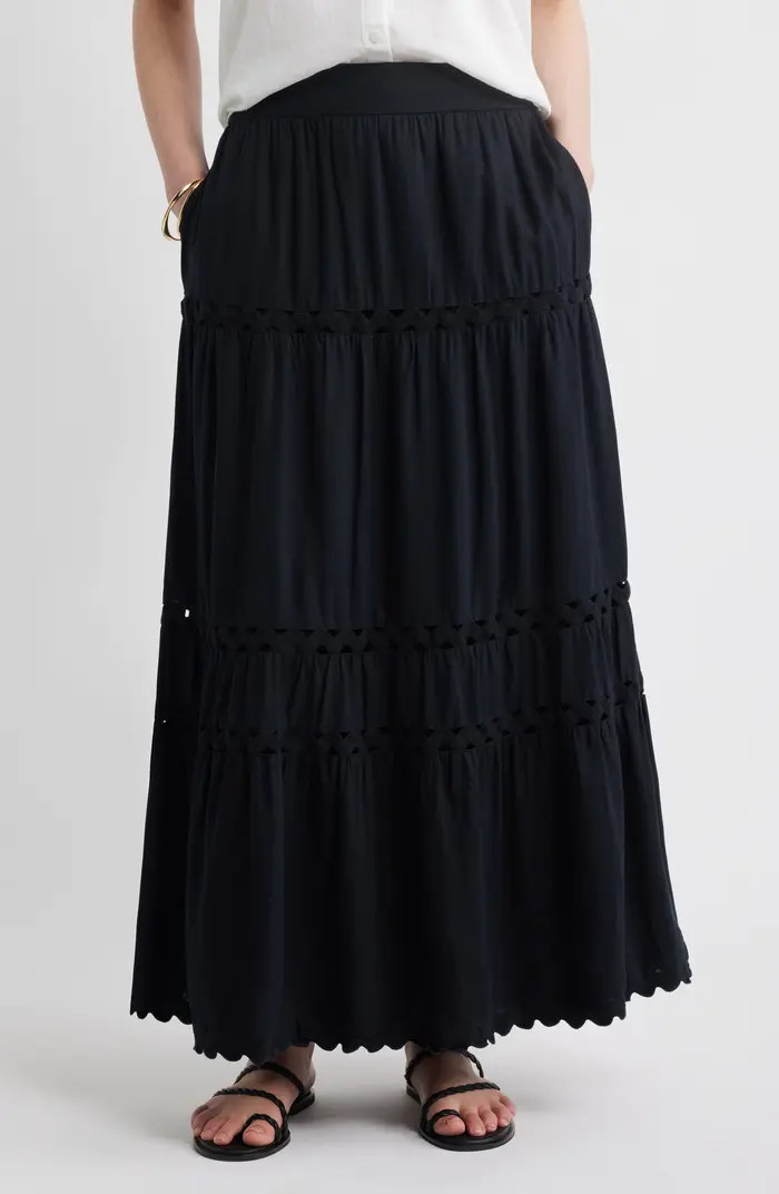 Caslon® Rickrack Trim Linen Blend Tiered Maxi Skirt | Nordstrom | Nordstrom