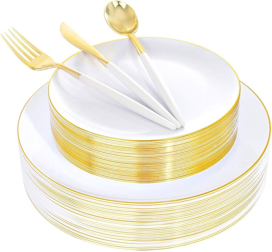 Supernal 150pcs White and Gold Plastic Plates,Gold Plastic Silverware,Gold Plastic Dinnerware Set... | Amazon (US)