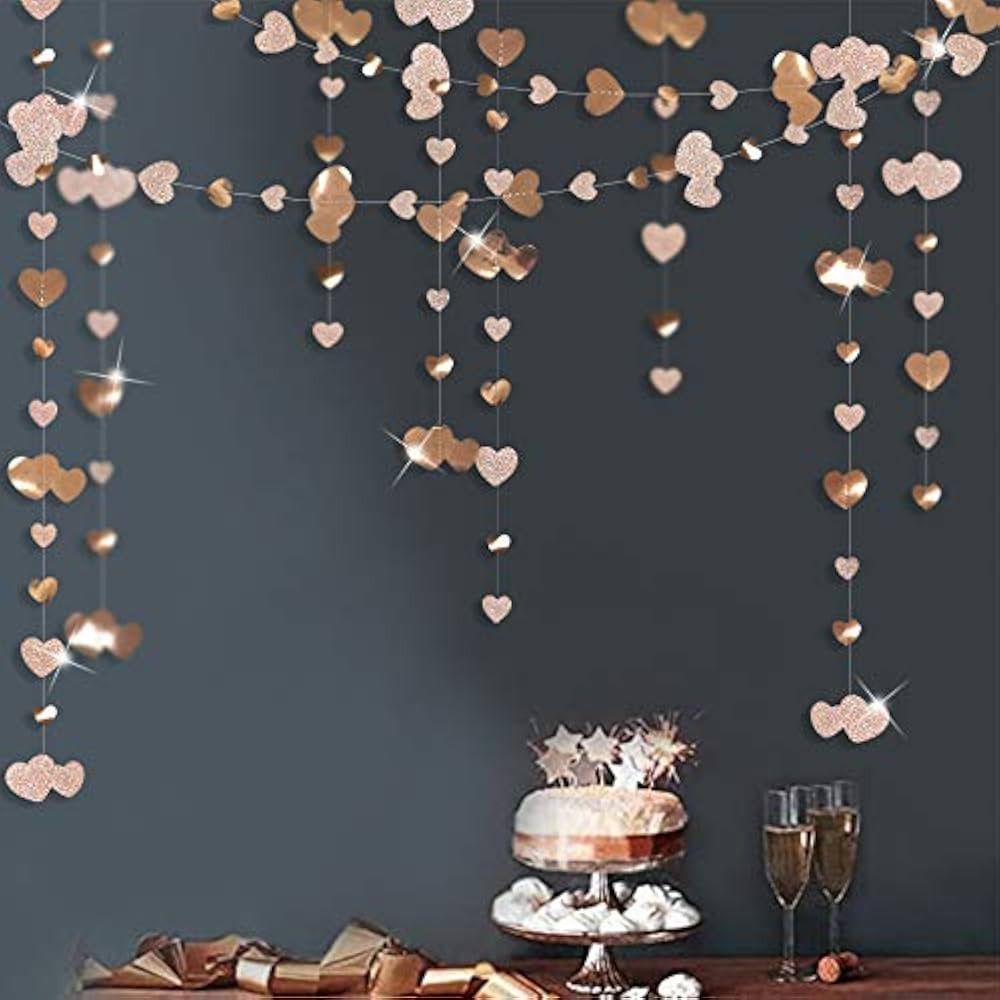 Valentines Day Party Decorations Champagne Gold Heart Garland Metallic Glitter Paper Love Heart S... | Amazon (US)