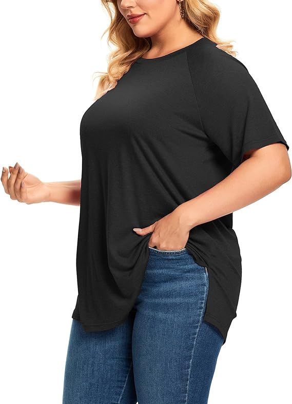 J·ATOPOS Women's Plus Size Tops Short Sleeve Tunic Loose Tshirts Split Sumner Shirts | Amazon (US)