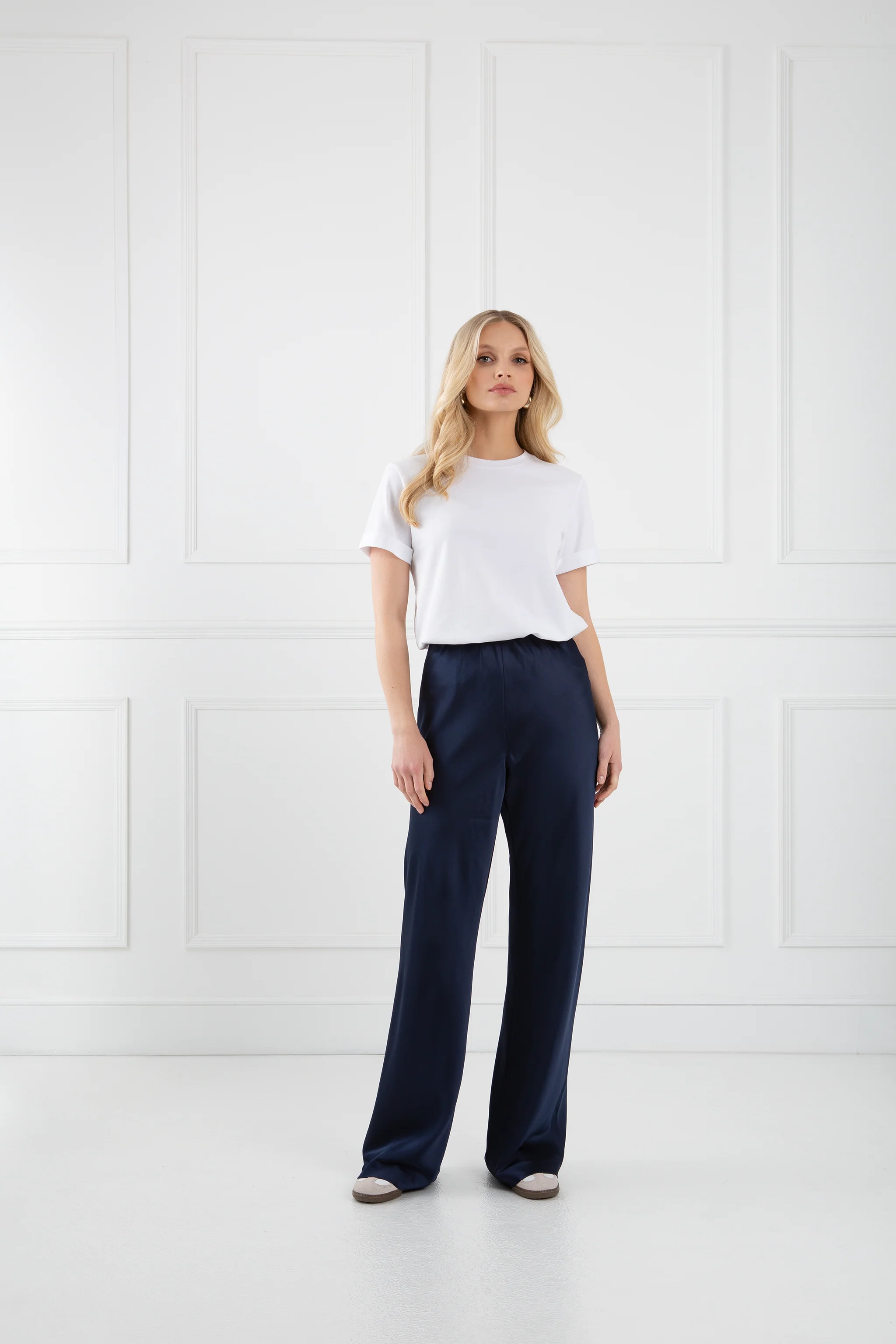 The Sandra | Navy Satin Trousers Classic Length | Sinead Keary