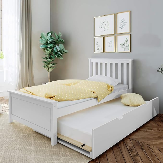 Max & Lily Twin Bed, Wood Bed Frame with Headboard For Kids with Trundle, Slatted, White | Amazon (US)