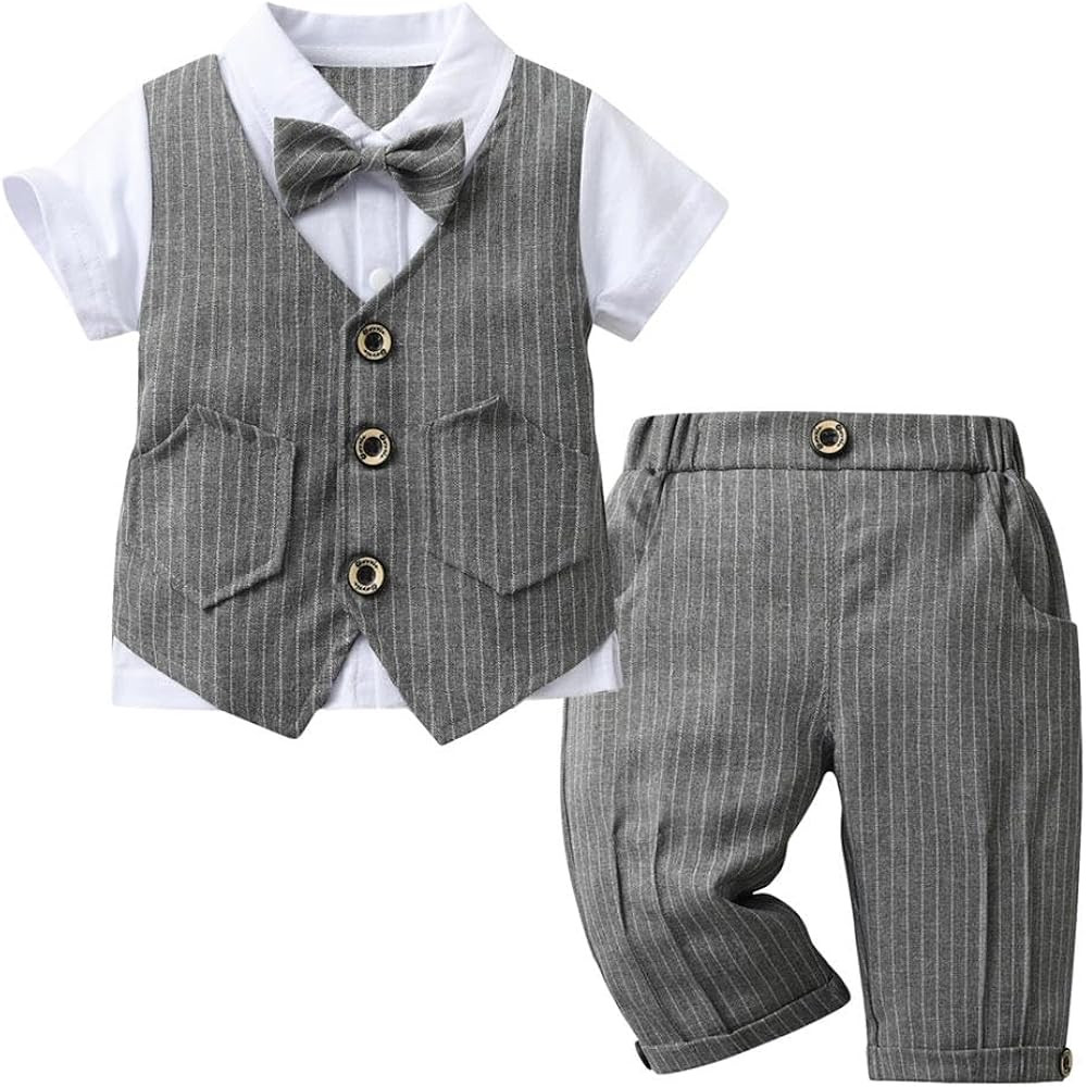 Dressy Daisy Baby Toddler Boy Summer Wedding Pinstripe Vest Suit Gentleman Formal Outfits with Bo... | Amazon (US)