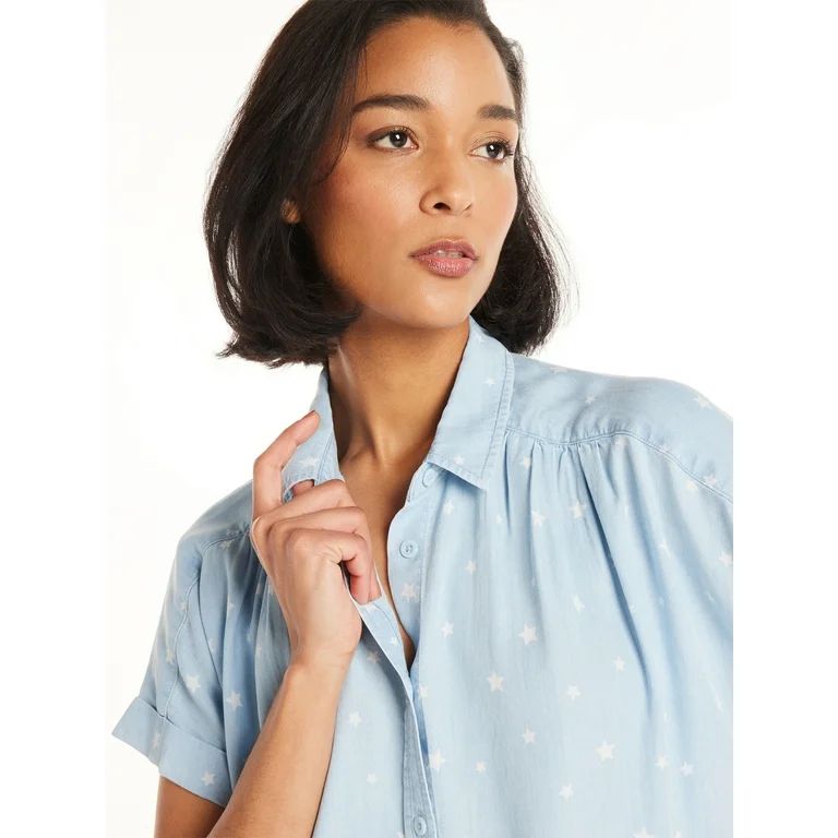 Time and Tru Women's Button Down Camp Shirt with Roll Cuff Sleeves, Sizes XS-XXXL - Walmart.com | Walmart (US)