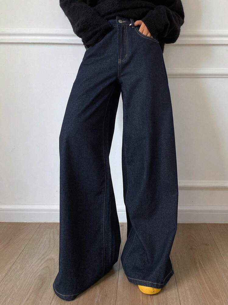 Livesso Women's Solid Color Wide Leg Loose Cargo Pocket Casual Jeans | SHEIN