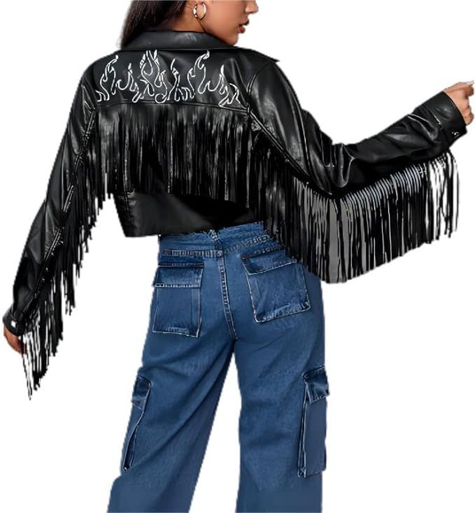 WDIRARA Womens Leather Fringe Jacket Fire Print Button Front Crop Casual PU Blazer with Pocket | Amazon (US)