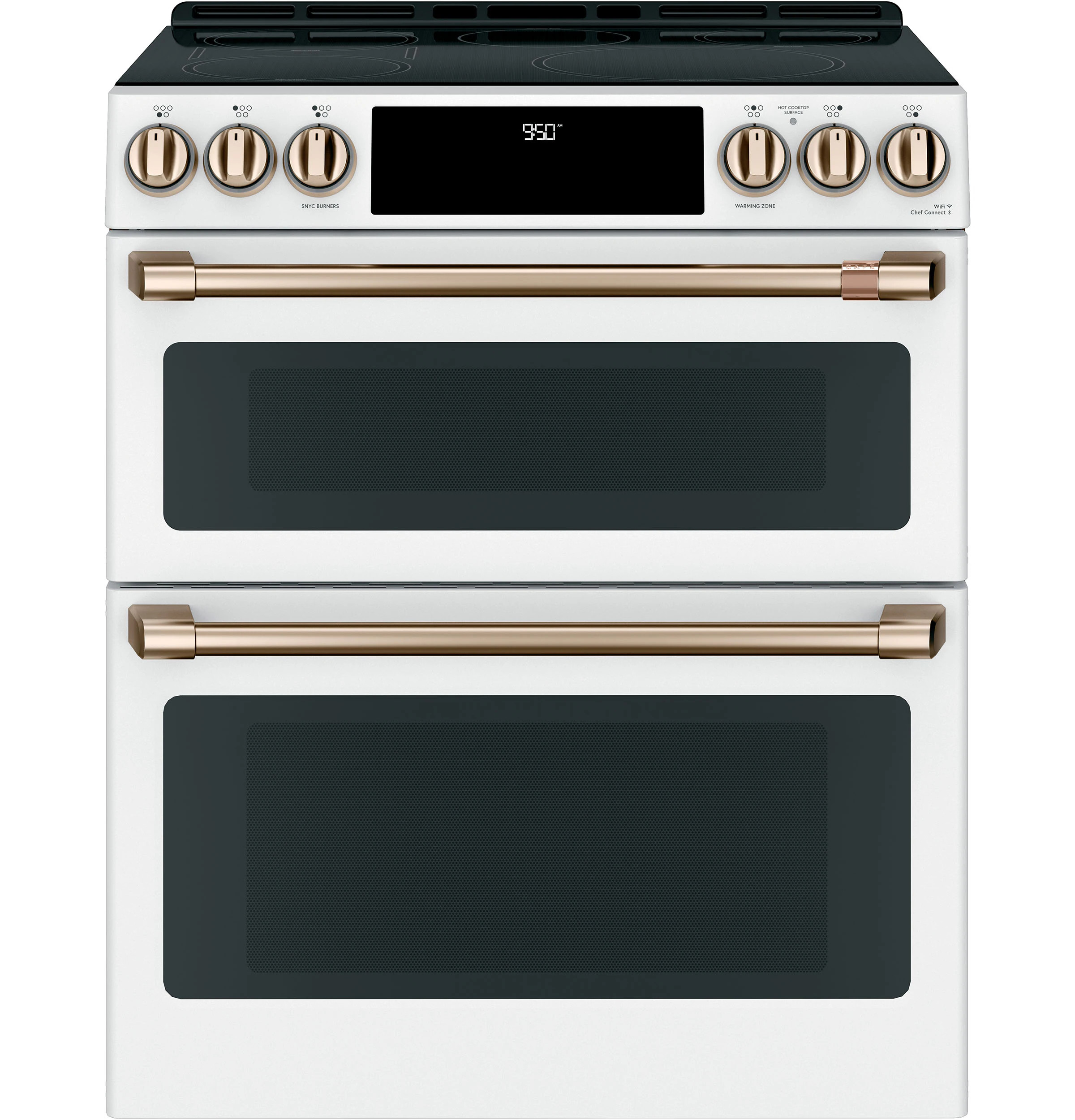 Cafe 30-in 5 burners 4.3-cu ft , 2.4-cu ft Air Fry Convection Oven Slide-In Double Induction Range ( Matte White with Brushed Bronze Handles ) | Lowe's