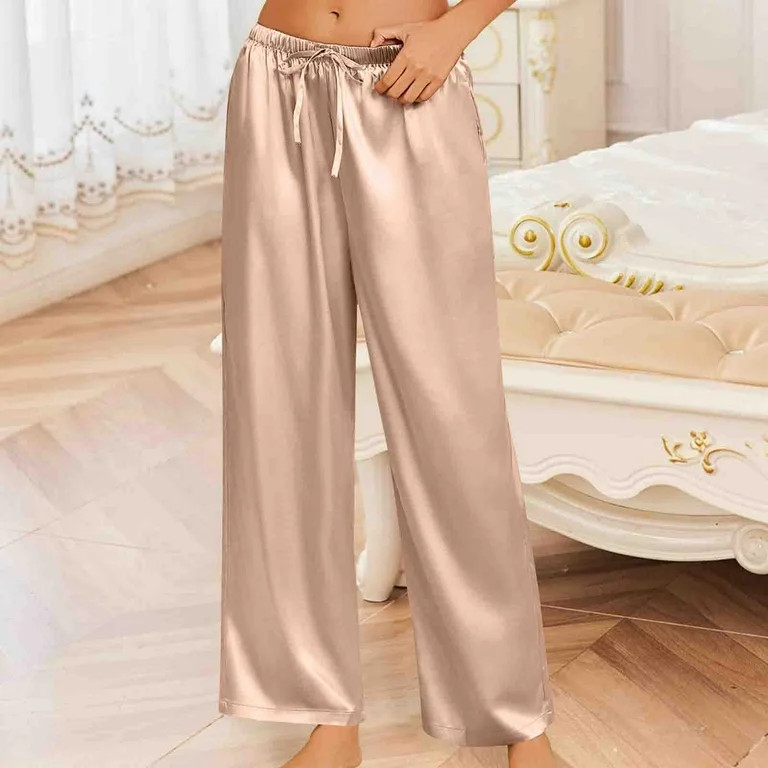 Ynynloco Women's Silk Satin Pajama Pants Casual Longs Loose Lounge Pants Drawstring Elastic Waist... | Walmart (US)