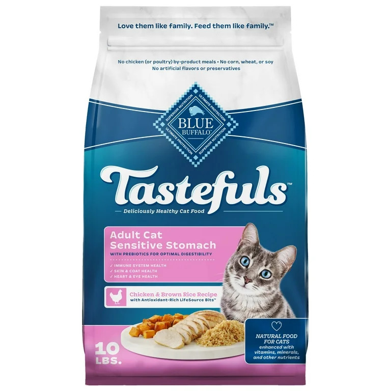 Blue Buffalo Tastefuls Dry Cat Food, Sensitive Stomach, Chicken and Brown Rice, 10-lb Bag | Walmart (US)