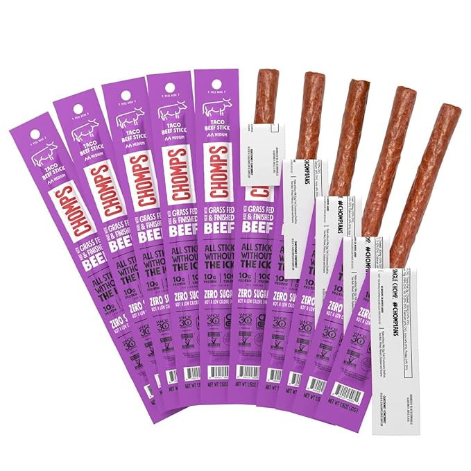 Chomps Grass-Fed and Finished Taco Beef Jerky Snack Sticks 10-Pack - Keto, Paleo, Whole30, 10g Le... | Amazon (US)
