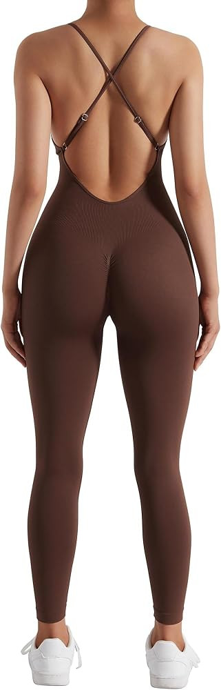 OMKAGI Women Strappy Backless One Piece Jumpsuits Seamless Tummy Control Workout Romper | Amazon (US)