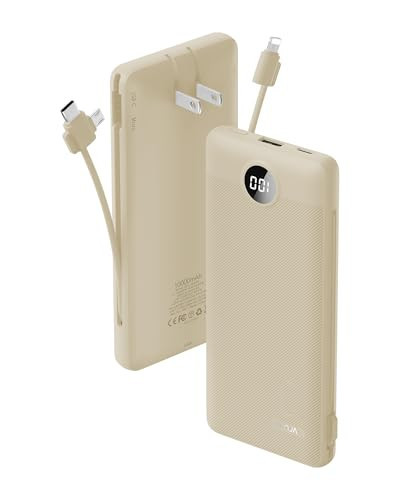 Portable Charger Built-in Cables and AC Wall Plug, USB C Power Bank 10000mAh, Travel Battery Portable Phone Charger Compact Lightweight External Battery Pack for Smart Phones, Tablets etc-Light Coffee | Amazon (US)