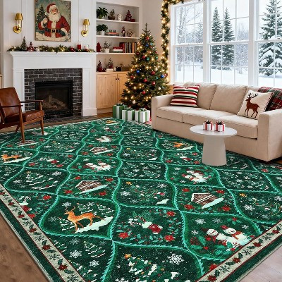 TackView Christmas Area Rug 8' x 10', Santa Reindeer Holiday Accent Rug Non Slip Washable Xmas Carpet, for Living Room Bedroom Nursery, Green | Target