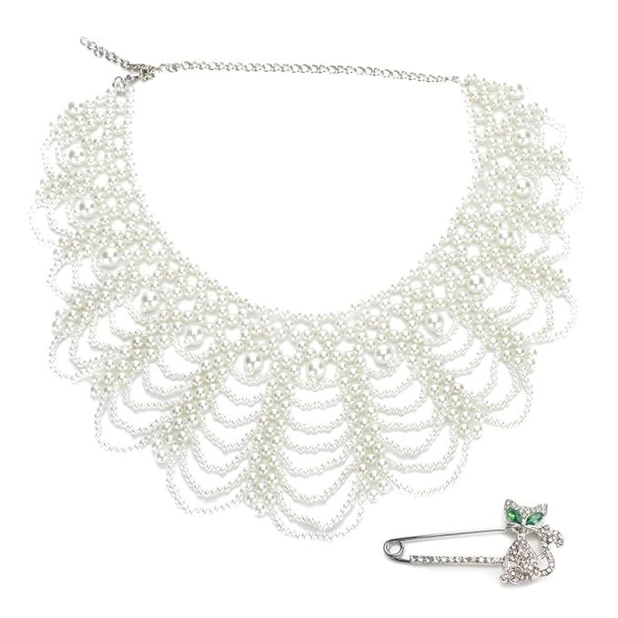 kilofly White Faux Pearl False Collar Necklace, Coco, with Rhinestone Cat Pin | Amazon (US)