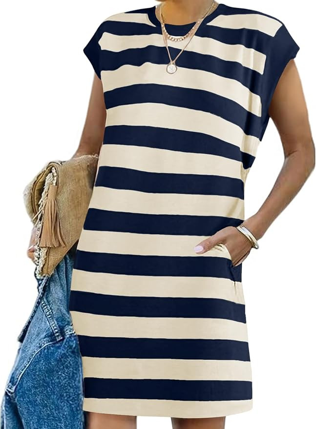 Naggoo Womens Summer Striped T Shirt Dress Crew Neck Cap Sleeve Color Block Casual A Line Short D... | Amazon (US)