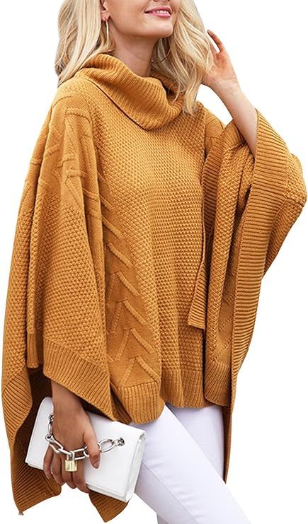 BerryGo Women's Chic Turtleneck Batwing Sleeve Asymmetric Knitted Poncho Pullovers Sweater | Amazon (US)