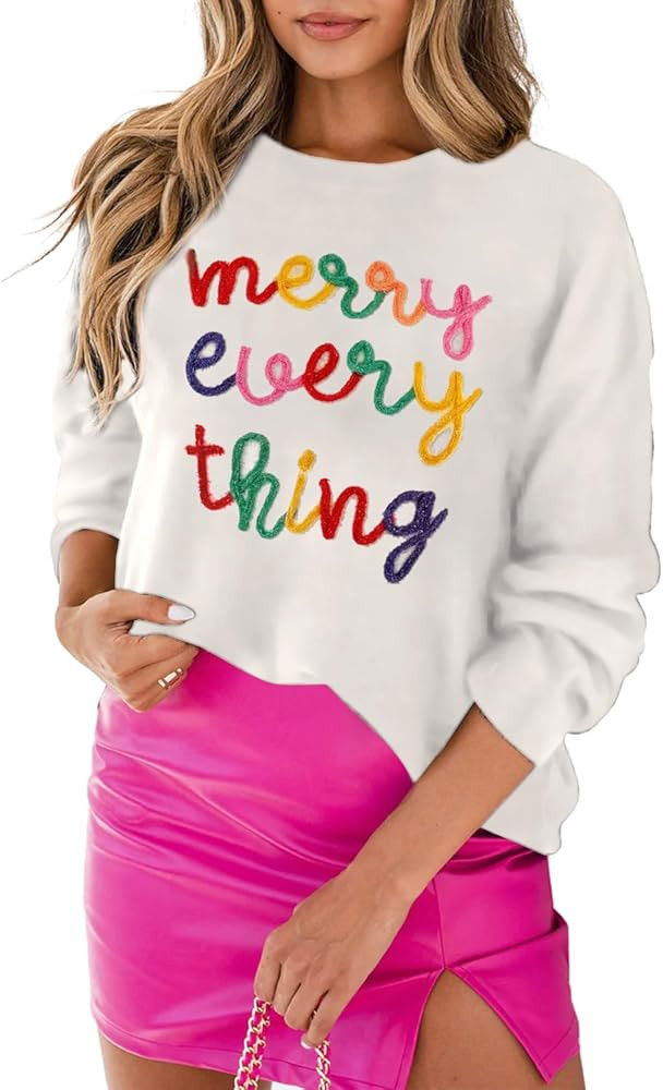 LEMAFER Women 2025 Merry Christmas Round Neck Sequin Letters Sweater Casual Solid Slogan Long Sle... | Amazon (US)