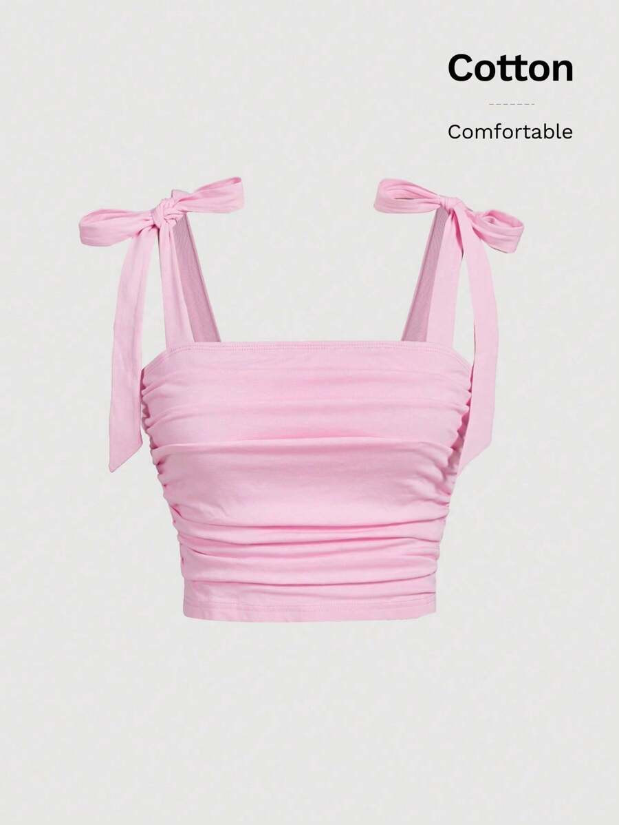 SHEIN MOD Pink Bow Summer Top Solid Tie Shoulder Ruched Wide Strap Top | SHEIN