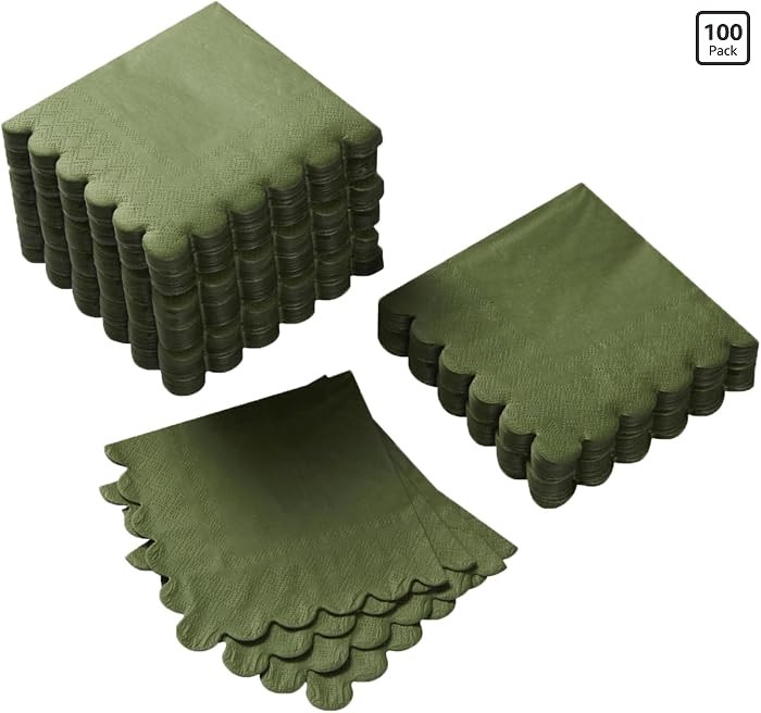100 Pack Cocktail Napkin 2-Ply Scalloped Edged Olive-Green Napkins 5 x 5IN | Amazon (US)