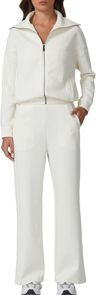 QINSEN Women's Cotton 2 Piece Outfits Lapel Long Sleeve Zip Up Sweatshirt Wide Leg Pants Matching... | Amazon (US)
