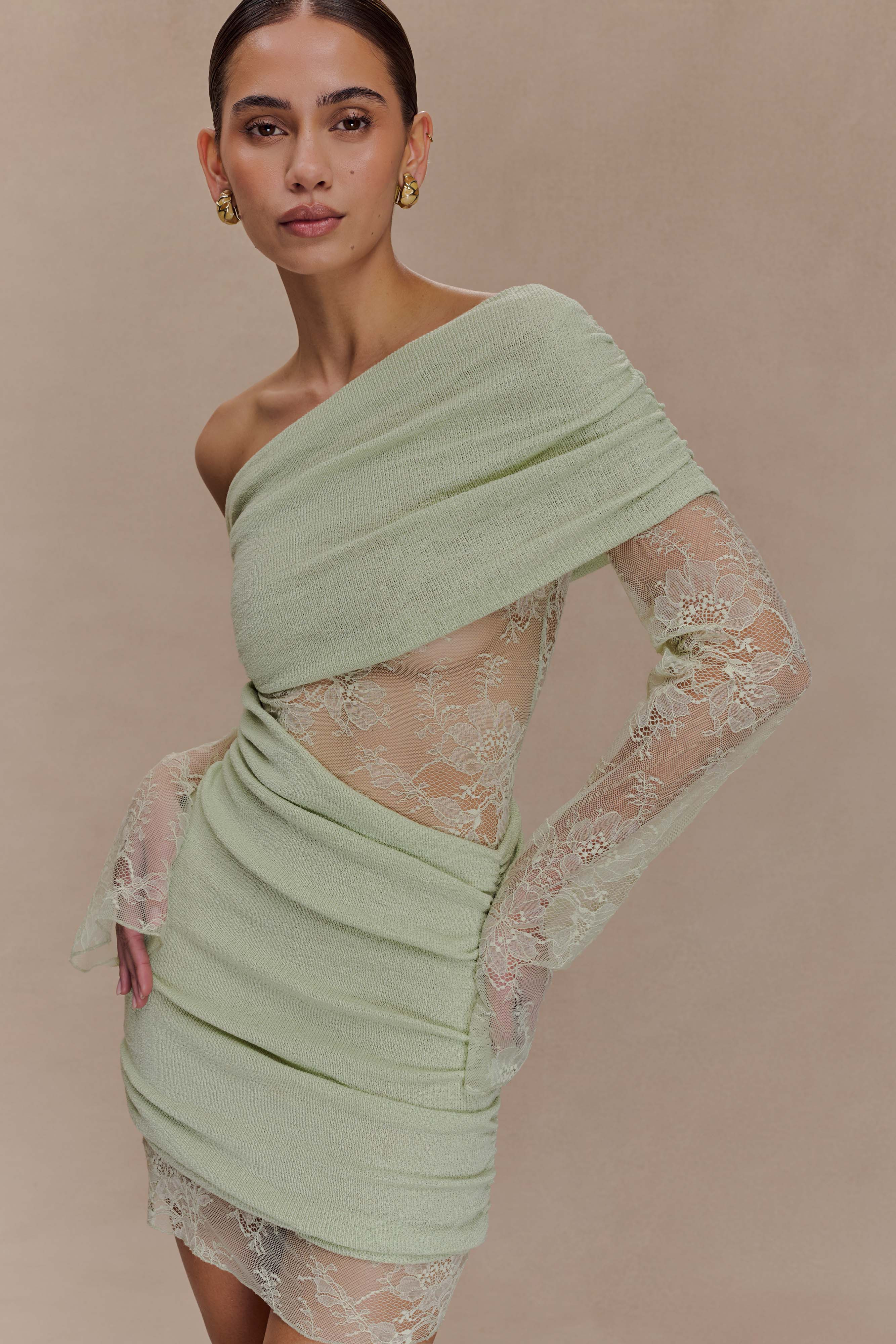 Luxie Lace Knit Mini Dress - Pastel Green | MESHKI US