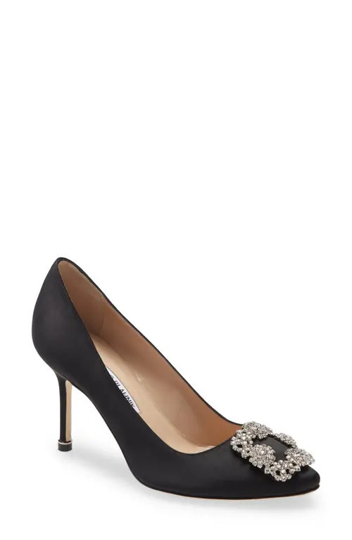 Manolo Blahnik Hangisi Crystal Buckle Pump in Black Satin/Clear Buckle at Nordstrom, Size 11.5Us | Nordstrom