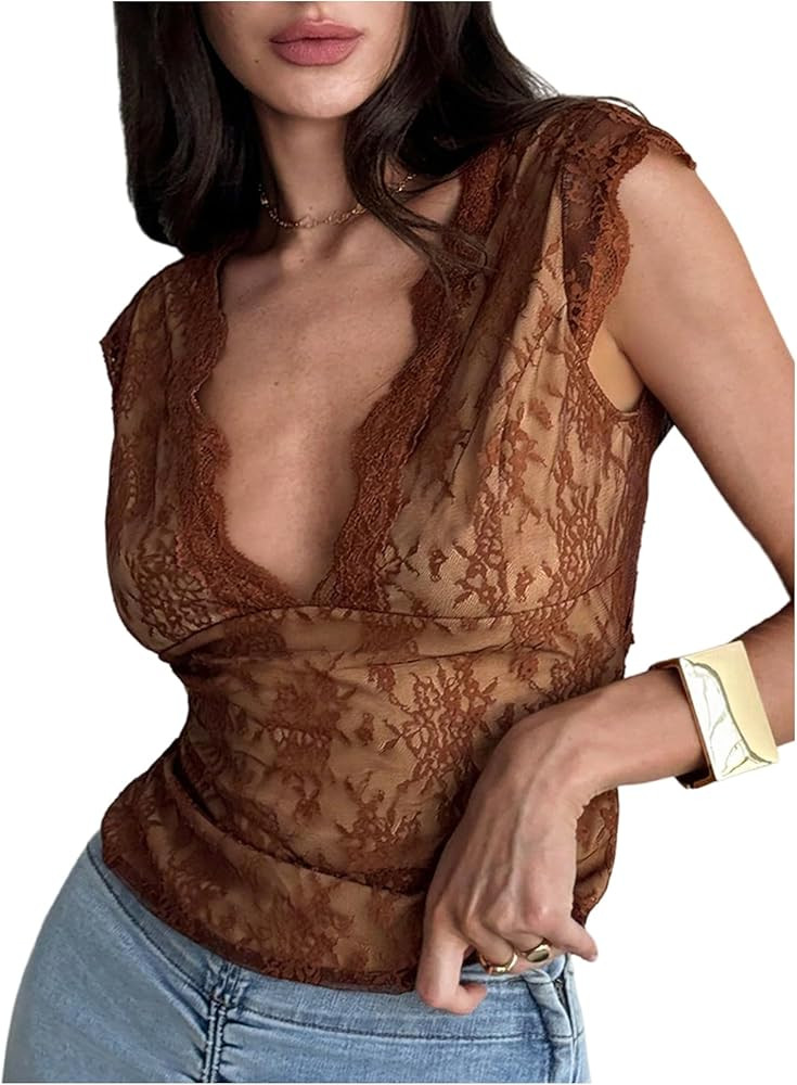 MakeMeChic Women's Lace Tank Tops Sexy V Neck Sleeveless Double Lined Backless Trendy Y2k Going O... | Amazon (US)